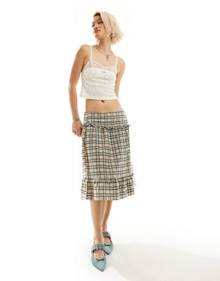 Motel ruffle plaid print knee length skirt in pastel blue Motel