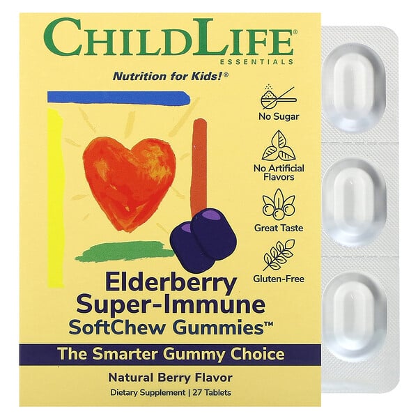 Жевательные витамины для детей, Бузина Супер-Иммунитет, Натуральная ягода, 27 таблеток - ChildLife Essentials ChildLife Essentials