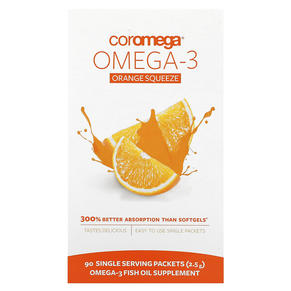 Омега-3 Апельсиновый сок, 90 пакетиков по 2,5 г каждый Coromega