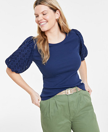 Women's Eyelet-Sleeve Scoop-Neck Knit Top, Created for Macy's On 34th