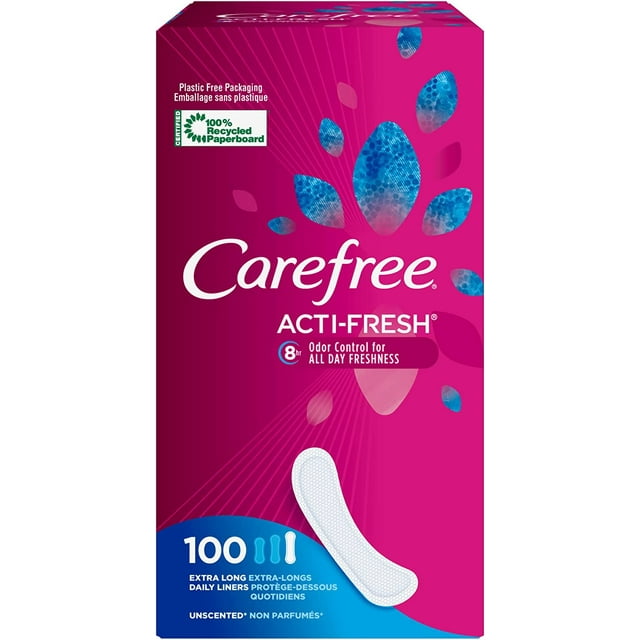 Carefree Acti-Fresh Pantiliners, Extra Long Flat, Unscented, 100 Count (Pack of 1) Carefree