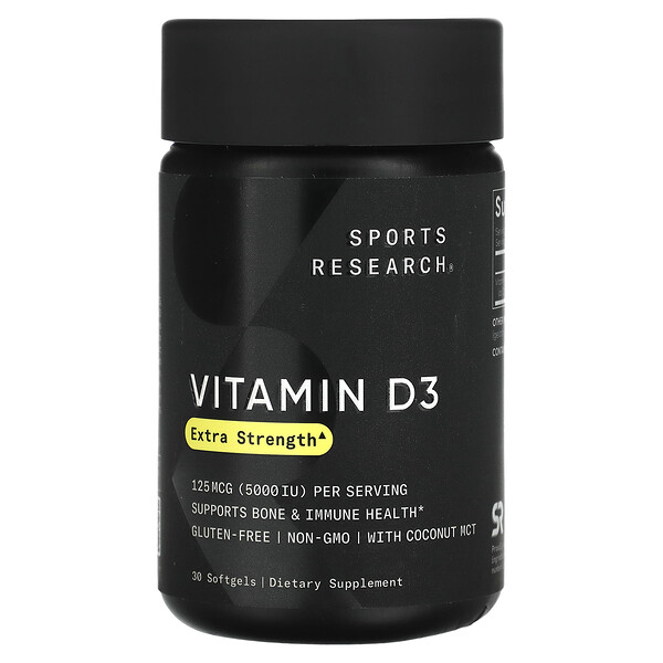 Витамин D3 с кокосовым маслом, 125 мкг (5000 МЕ), 30 мягких таблеток Sports Research