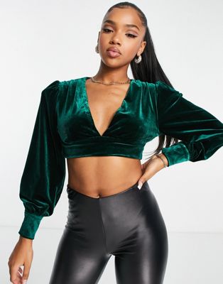Collective the Label exclusive balloon sleeve velvet crop top in emerald - part of a set Collective The Label