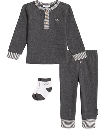 Термальная футболка на пуговицах для маленьких мальчиков, штаны и носки, комплект из 3 предметов Calvin Klein