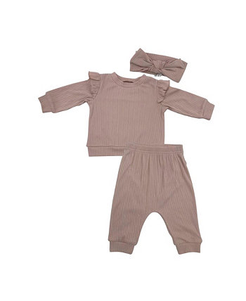 Baby Girls Fashion Top and Joggers with Matching Headband, 3-Piece Set Chickpea