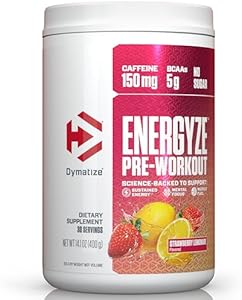 Dymatize Energyze Pre Workout Powder for Men and Women, Lemon Lime Flavor, 150mg Caffeine, 5g BCAAs, Performance Blend of L-Theanine, L-Tyrosine, L-Citrulline, No Sugar, 30 Servings Dymatize