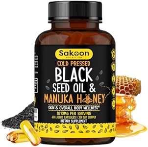 Cold Pressed Black Seed Oil Capsules with Manuka Honey (Halal) | High Potency 2%+ Thymoquinone | 1000mg Nigella Sativa | 60 Count Bottle for Holistic Health Support Sakoon nutrition