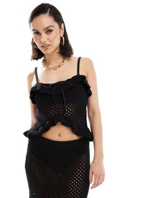 ASOS DESIGN knit crochet cami top with frill and tie detail in black ASOS DESIGN