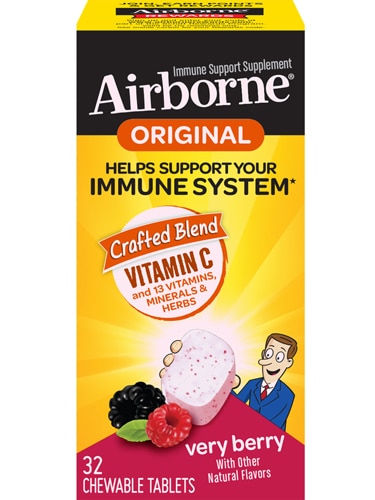 Витамин C & E с цинком для поддержки иммунитета, Жевательные таблетки с ягодным вкусом - 32 таблетки - AirBorne AirBorne