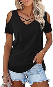 Amoretu Womens Summer Shirts V Neck Criss Cross Cold Shoulder Tops Blouse Amoretu