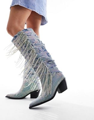 Джинсовые ботинки до колена Azalea Wang Domingo с бахромой в стиле вестерн AZALEA WANG