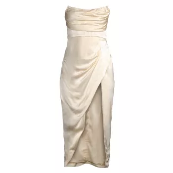 Атласное корсетное платье с драпировкой Elio Bardot
