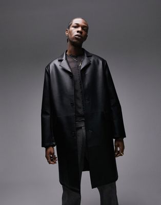 Черное удлиненное пальто из искусственной кожи Topman TOPMAN
