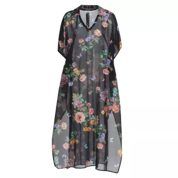 Silk-Blend Floral Cover-Up Caftan Johnny Was, Plus Size