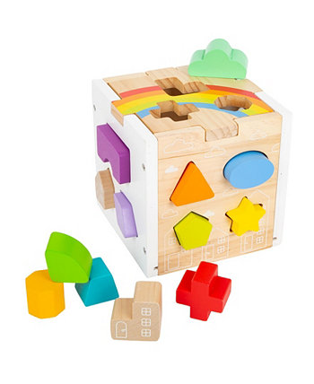 Small Foot Wooden Toys Rainbow Shape Sorter Cube Play Set, 14 Piece Flat River Group