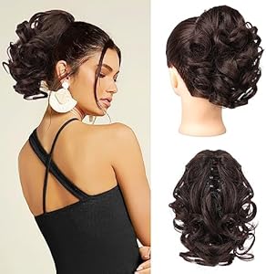 REECHO 9" Short Ponytail Extension, Classic Loose Curly Wavy Claw Clip Pony tails Hair Extensions HP001 Hairpieces for Women - Ash Brown with Platinum Highlights REECHO