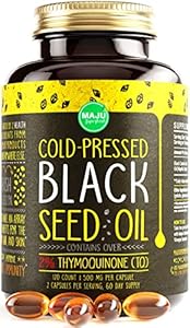 MAJU's Black Seed Oil Capsules - Cold Pressed, 2% Thymoquinone, 100% Turkish Black Cumin Nigella Sativa Seed Oil, 100% Liquid Pure Blackseed Oil 60 Count, 500mg per Capsule Maju Superfoods