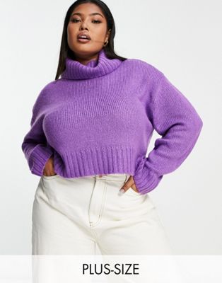 Brave Soul Plus cattio boxy cropped roll neck sweater in purple Brave Soul Plus