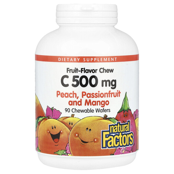 Fruit-Flavor Chew, Витамин С, персик, маракуйя и манго, 500 мг, 90 жевательных вафель Natural Factors