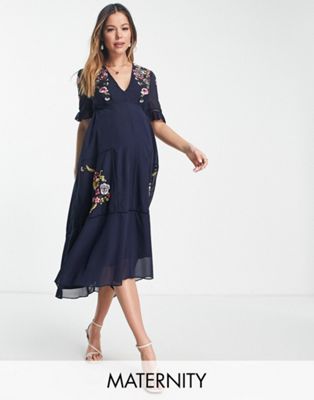 Hope & Ivy Maternity Claudine embroidered dress in navy Hope & Ivy Maternity