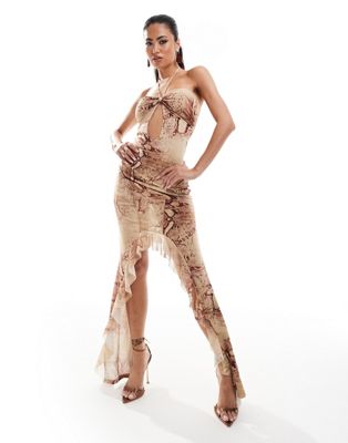 Murci mesh halterneck cut out high low maxi dress in snake print Murci