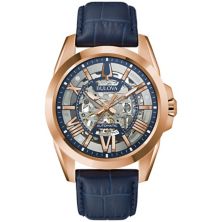 Мужские часы Bulova с синим кожаным ремешком и автоматическими часами со скелетом - 97A161 Bulova