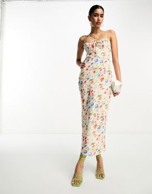Платье-комбинация мидакси с завязками Pretty Lavish с изящным цветочным принтом цвета слоновой кости Pretty Lavish