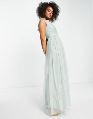 Anaya With Love off the shoulder ruffle sleeve maxi dress in misty green tulle Anaya