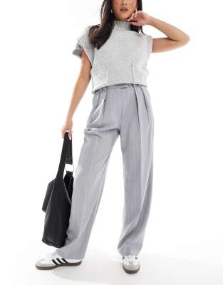 ASOS DESIGN tailored wide leg pants with pleat detail in gray stripe ASOS DESIGN