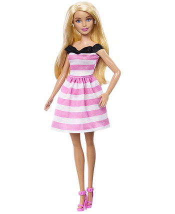 65th Anniversary Fashion Doll with Blonde Hair, Pink Striped Dress and Accessories Barbie