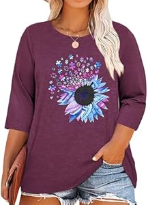 Chulianyouhuo Plus Size Tops for Women Cute Graphic Tees 3/4 Sleeve Flower Print Loose Fit Summer Casual T Shirts Chulianyouhuo