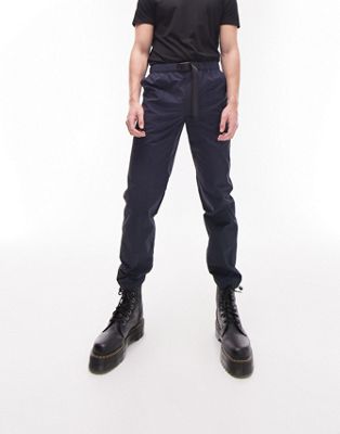 Темно-синие свободные брюки карго с поясом и отстрочкой Topman TOPMAN