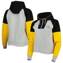 Женский пуловер с капюшоном с капюшоном и полумолнией Antigua Heathered Grey/Black Pittsburgh Steelers Jackpot Raglan Antigua