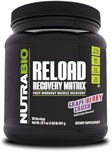 NutraBio Reload - Формула для восстановления мышц после тренировки - 3 г креатина - 8 г BCAA - 5 г глютамина - 30 порций, вкус виноградный ягод NutraBio