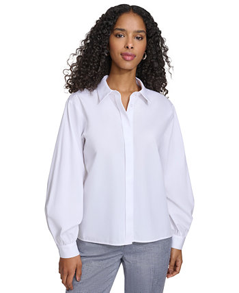 Women's Long-Sleeve Button-Down Covered-Placket Cotton Top Calvin Klein