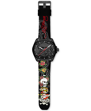 Men's Printed Black Silicone Strap Watch 46mm Ed Hardy