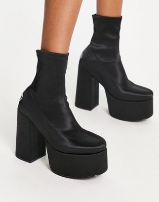 NOKWOL Ellie platform ankle boots in black satin Nokwol