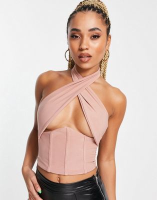 Femme Luxe wrap crop top with under bust detail in mink Femme Luxe