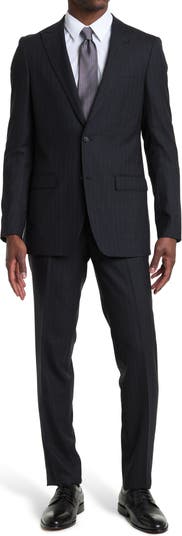 Темно-серый костюм в приглушенную полоску с принтом на двух пуговицах и вырезом на лацканах Zanetti