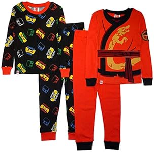 LEGO Ninjago Boys Pajama Set, 4 Piece PJ Set, Long Sleeve, Long Pant,Glow in the Dark Lego