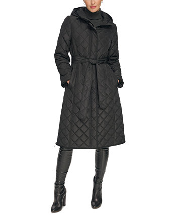 Стеганое пальто с капюшоном и поясом Petite DKNY