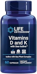 Life Extension Vitamins D and K with Sea-Iodine, vitamin D3, vitamin K1 and K2, iodine, supports immune, bone, arterial and thyroid health, non-GMO, gluten-free, 60 capsules Life Extension