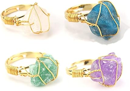 COLORFUL BLING Raw Healing Crystal Natural Stone Ring Statement Copper Wire Wrapped Irregular Crystal Gemstone Adjustalble Ring Jewelry for Women COLORFUL BLING