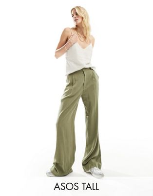 ASOS DESIGN Tall Wide leg dad pants with linen in olive ASOS Tall