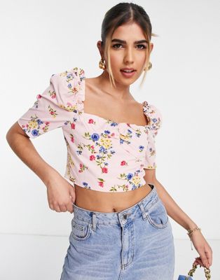 Collective the Label puff sleeve crop top in pink floral - part of a set Collective The Label