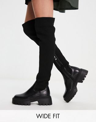 Simmi London Wide Fit Reign knitted over the knee second skin boots in black  Simmi Wide Fit