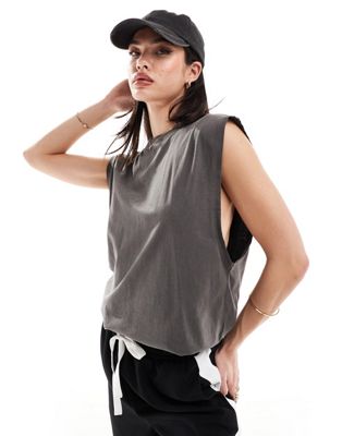 ASOS DESIGN washed oversized tank top with dropped arm holes in washed charcoal gray ASOS DESIGN