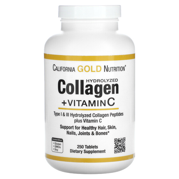 Гидролизованные пептиды коллагена + витамин С, тип I и III, 250 таблеток California Gold Nutrition