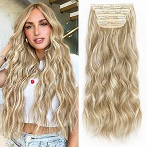 ALXNAN Clip in Long Wavy Synthetic Hair Extension 16 Inch Beach Blonde 4PCS Thick Hairpieces Fiber Double Weft Hair for Women ALXNAN