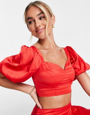 Collective the Label exclusive puff sleeve crop top in pillarbox red - part of a set Collective The Label